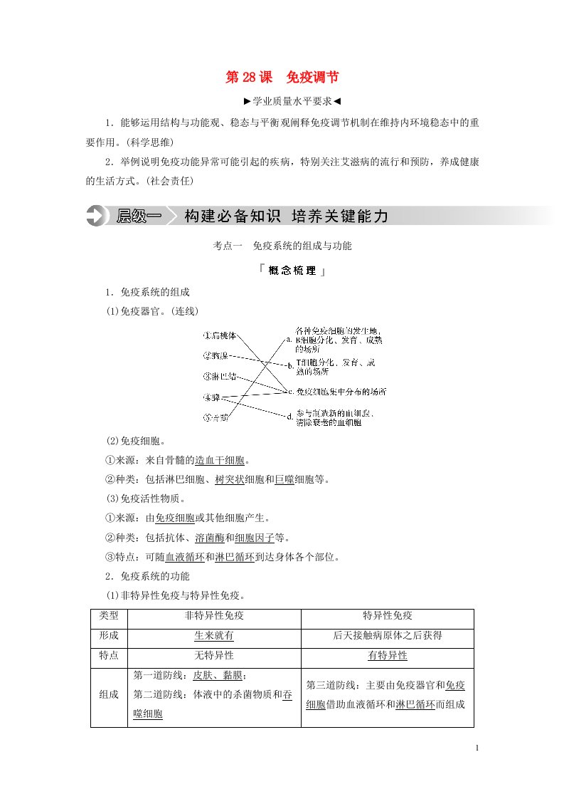 2023版高考生物一轮总复习第8单元生命活动的调节第28课免疫调节教师用书