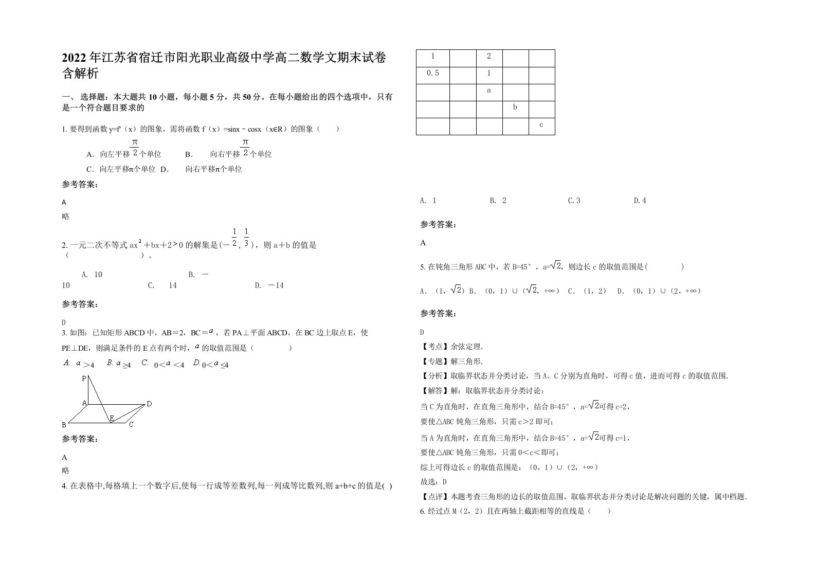 2022年江苏省宿迁市阳光职业高级中学高二数学文期末试卷含解析