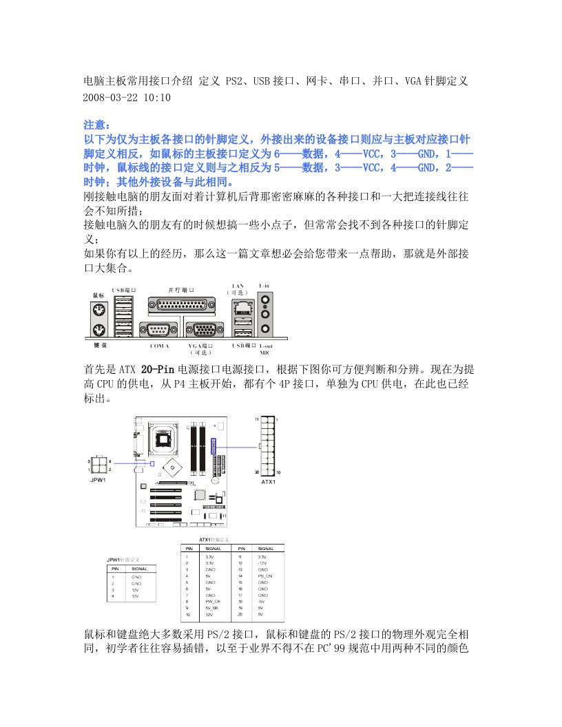 电脑主板常用接口介绍+定义+PS2