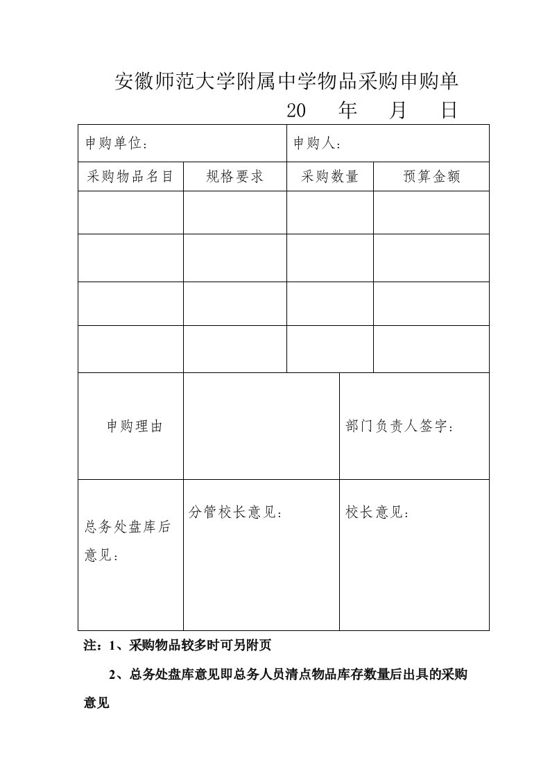 安徽师范大学附属中学物品采购申购单