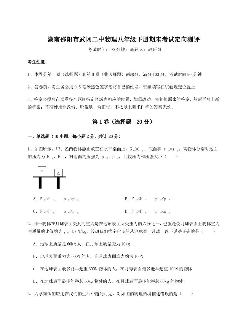 达标测试湖南邵阳市武冈二中物理八年级下册期末考试定向测评试题（详解）