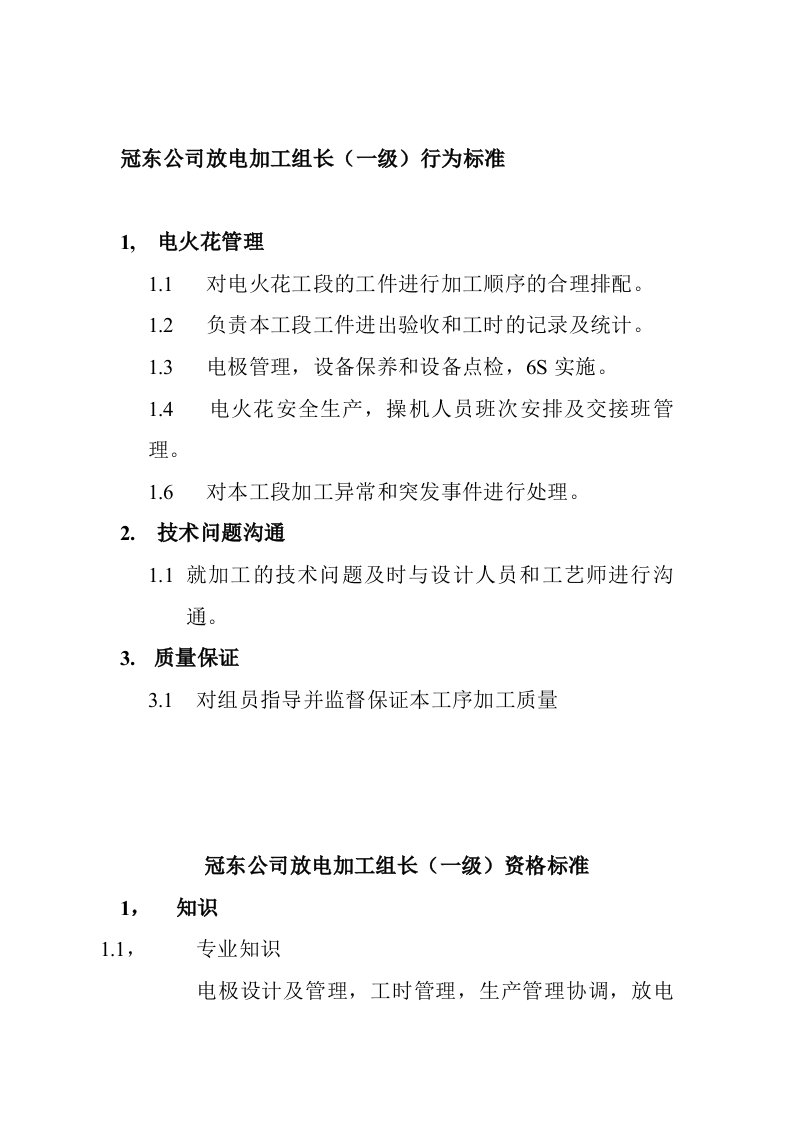 某公司放电加工组长资质要求