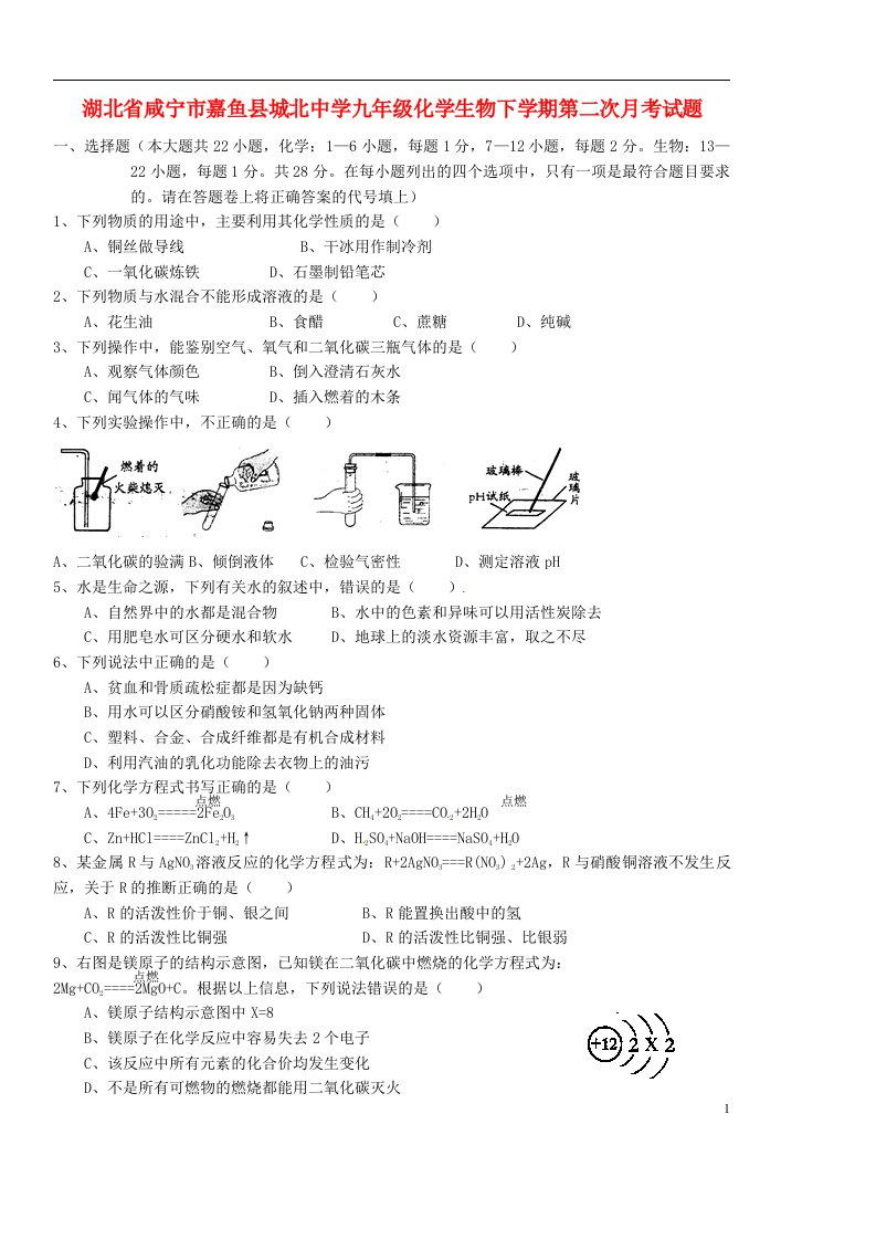 湖北省咸宁市嘉鱼县城北中学九级化学生物下学期第二次月考试题