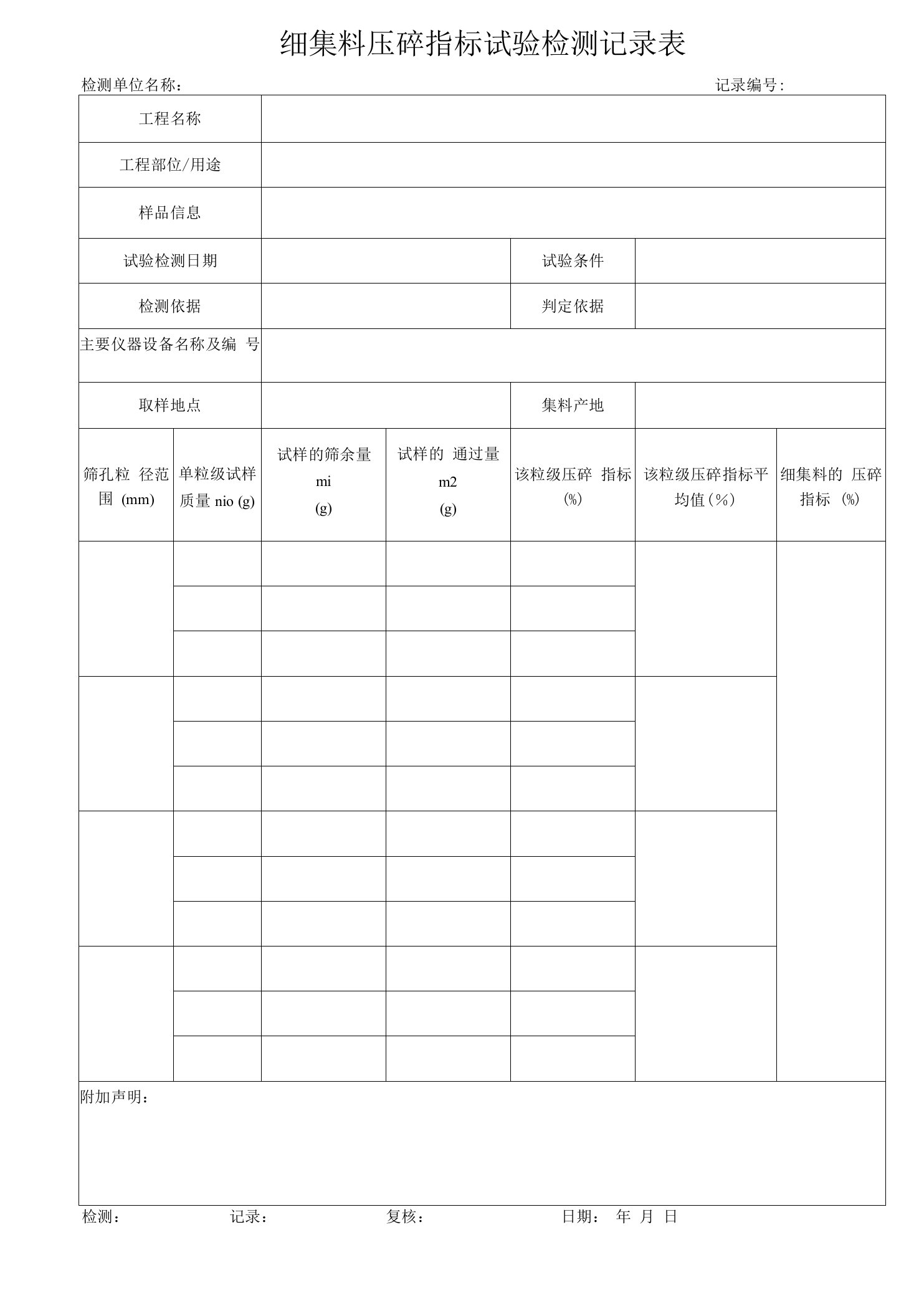 细集料压碎指标试验检测记录表