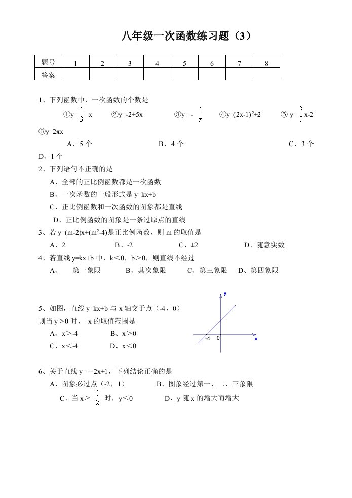 八年级一次函数练习题(3)