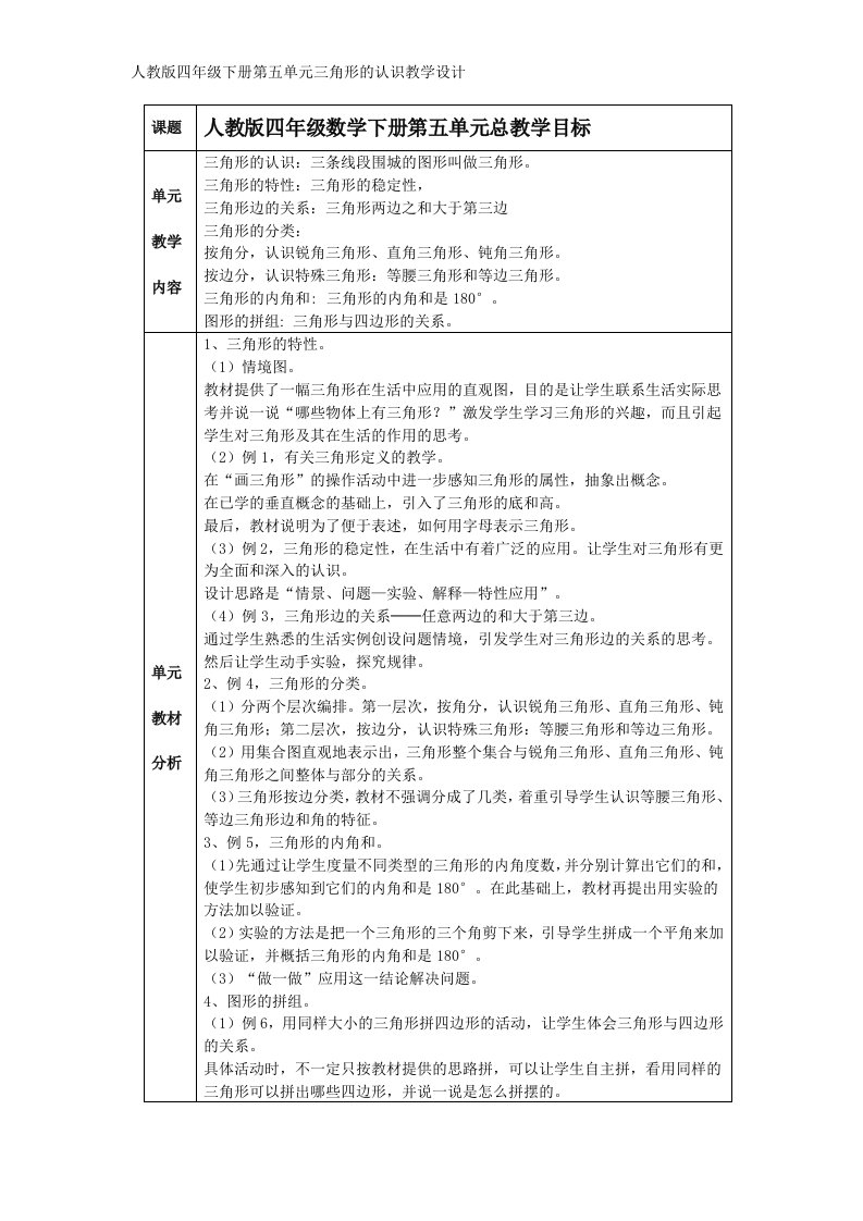 人教版四年级下册第五单元三角形的认识总教学目标