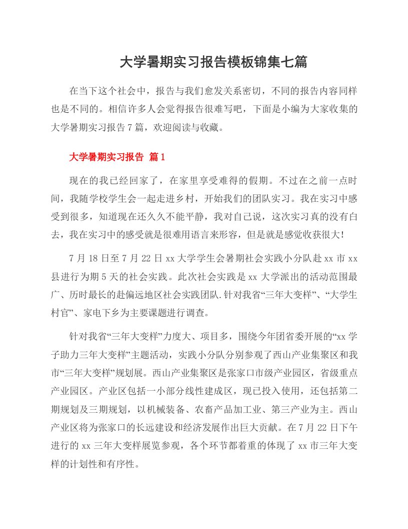 大学暑期实习报告模板锦集七篇