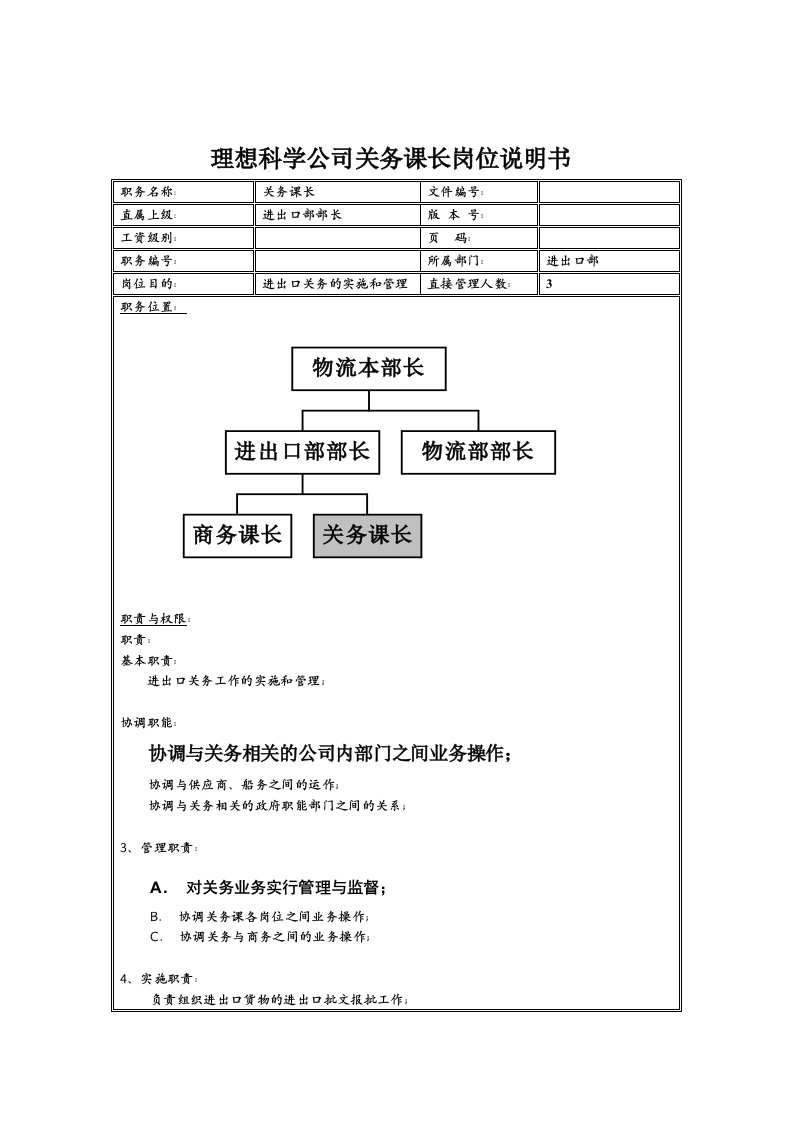 理想科学公司关务课长岗位说明书