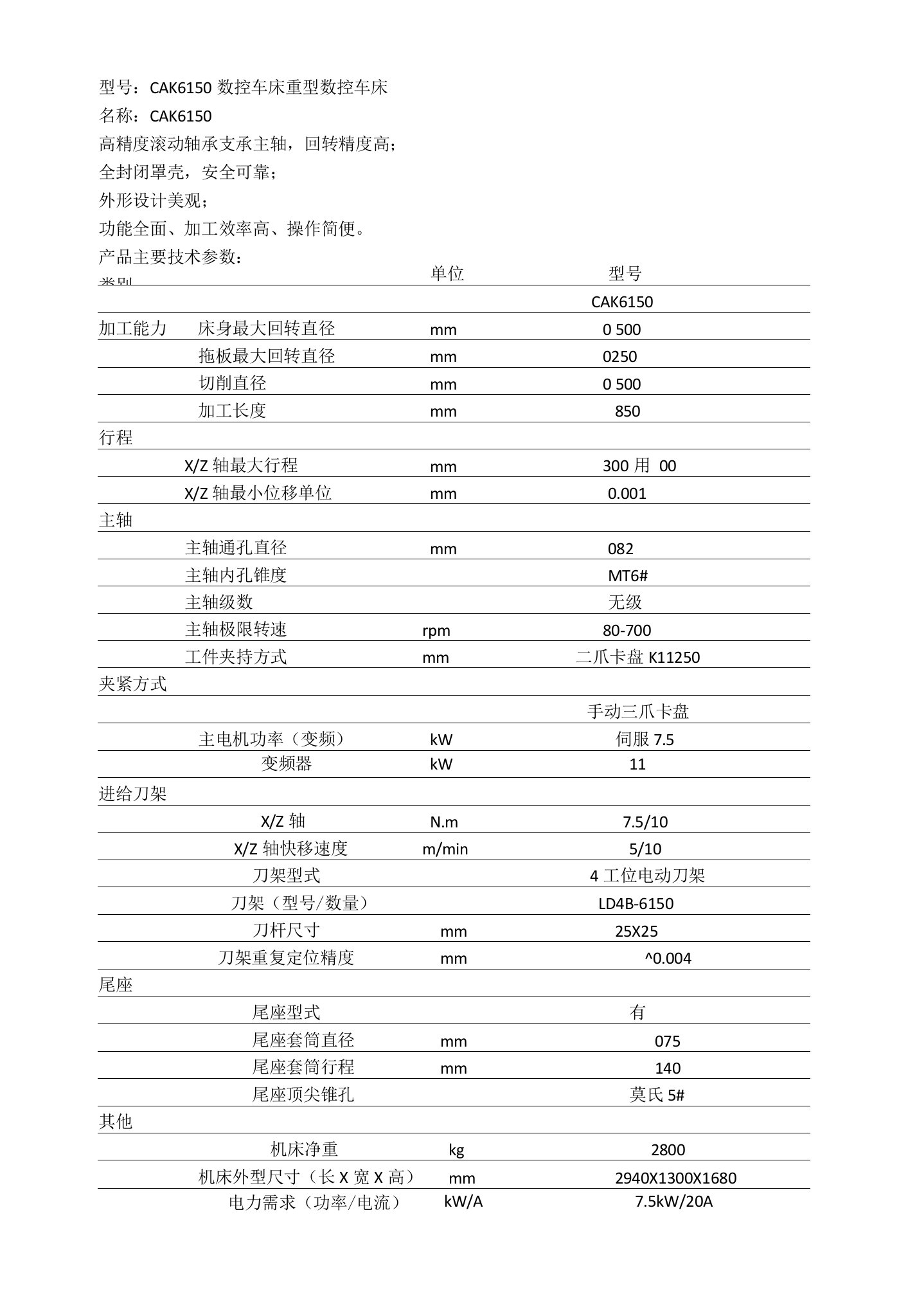 型号CAK6150数控车床重型数控车床