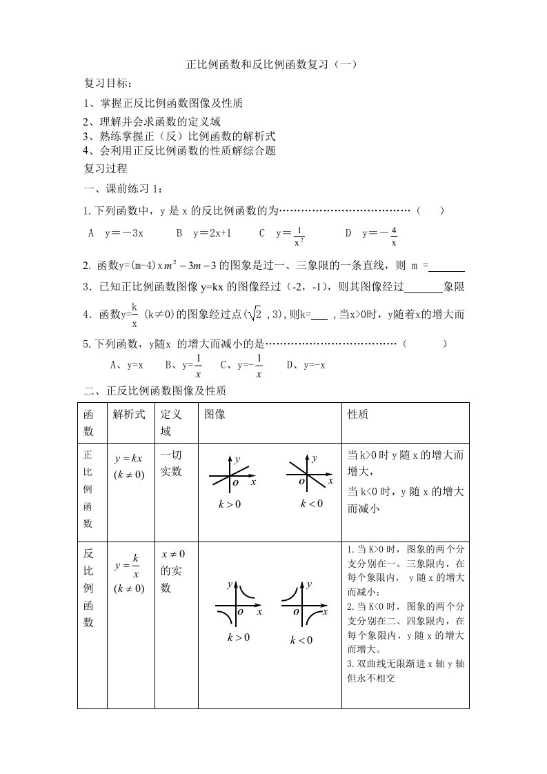 正比例函数和反比例函数复习