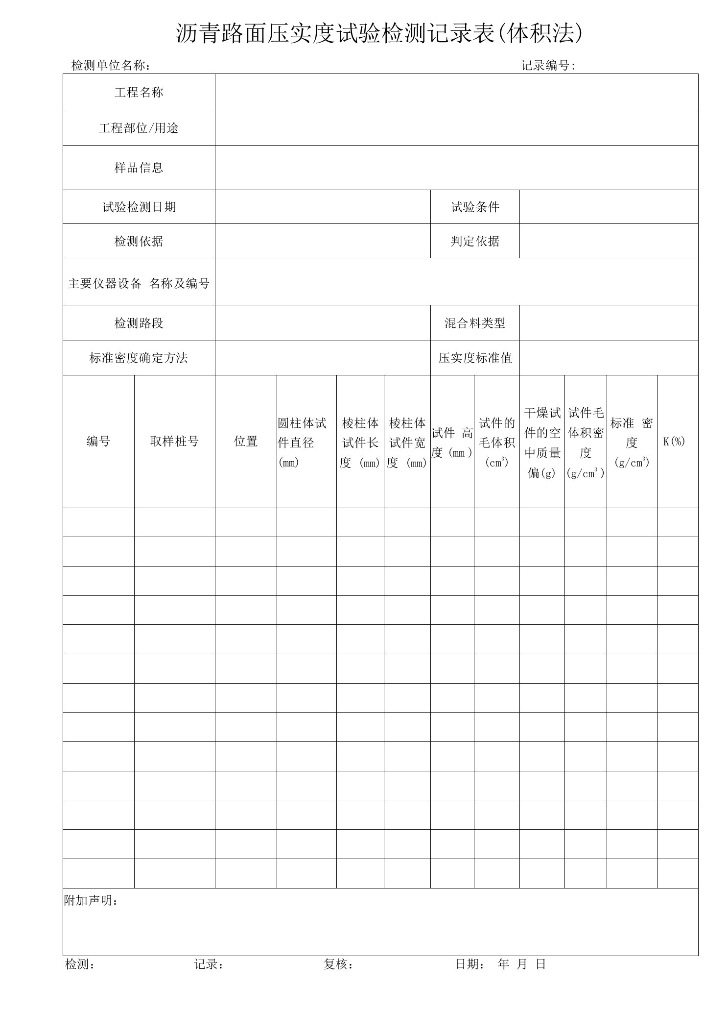 沥青路面压实度试验检测记录表(体积法）