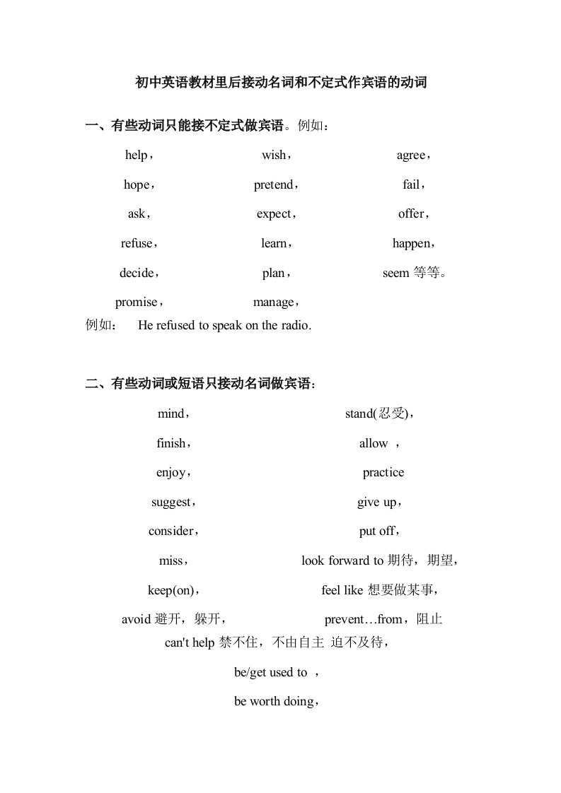 初中英语教材里后接动名词和不定式作宾语的动词