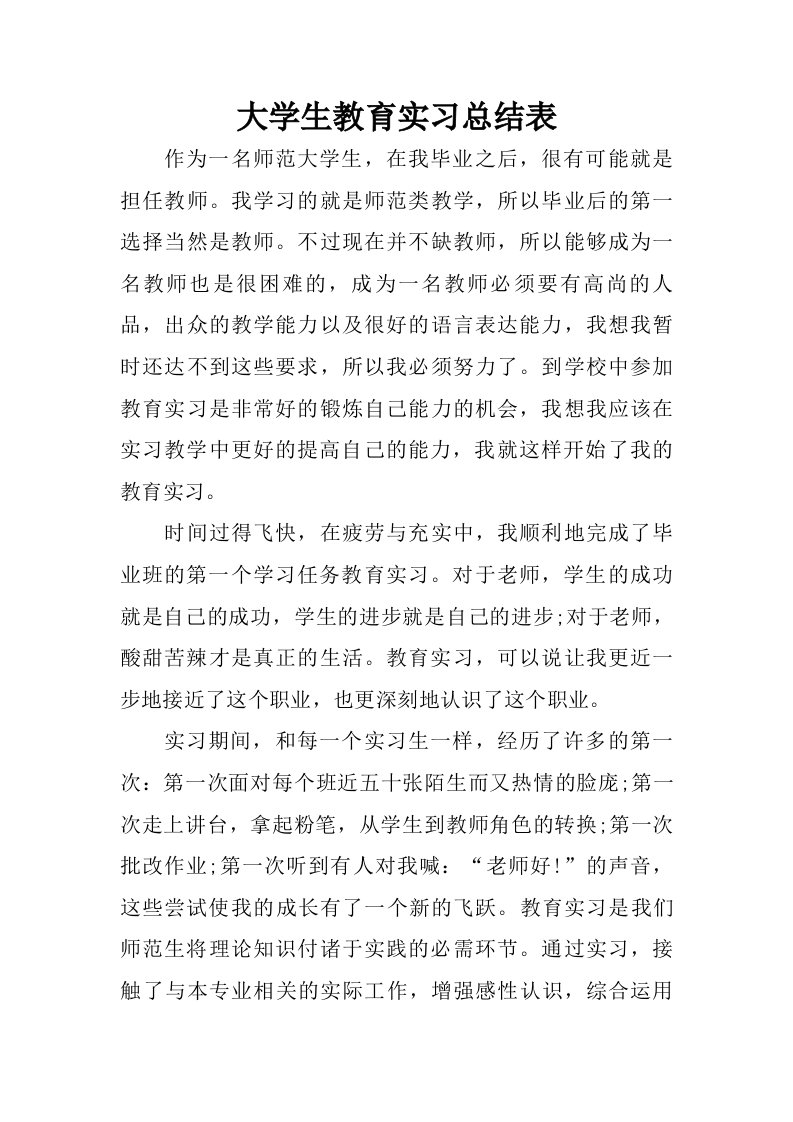 大学生教育实习总结表.doc