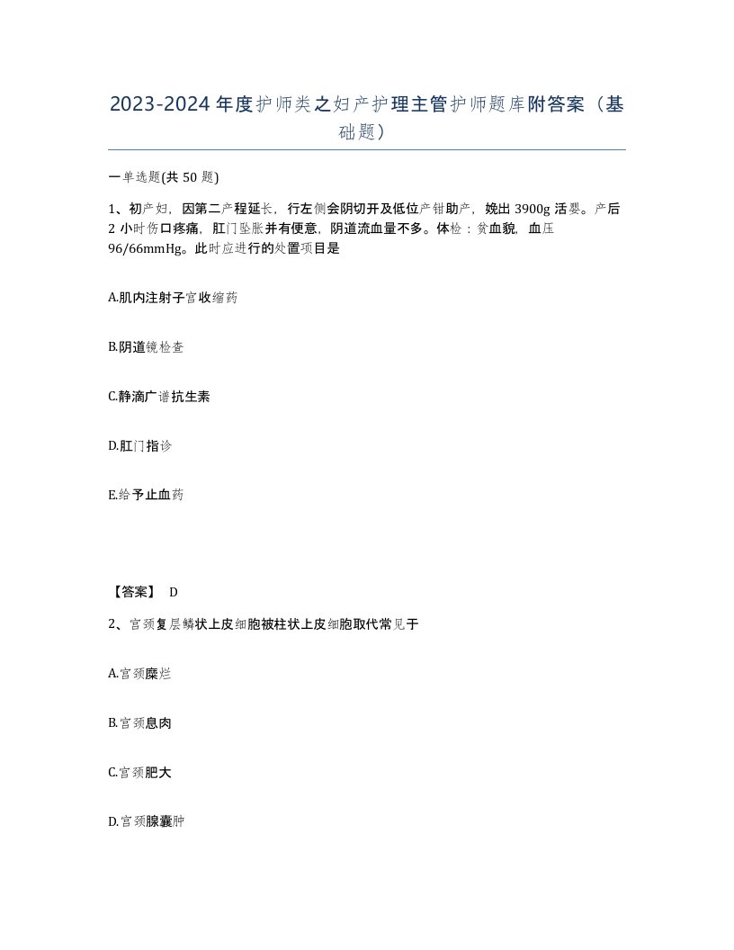 20232024年度护师类之妇产护理主管护师题库附答案基础题