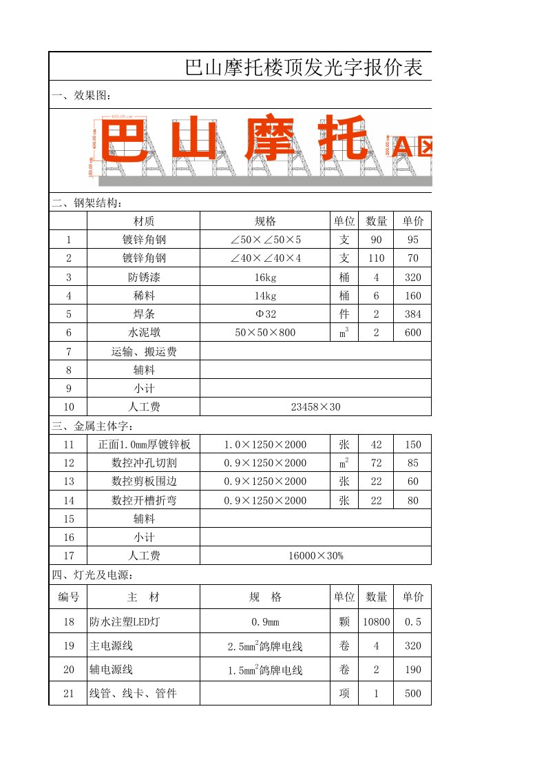 巴山摩托楼顶发光字报价表