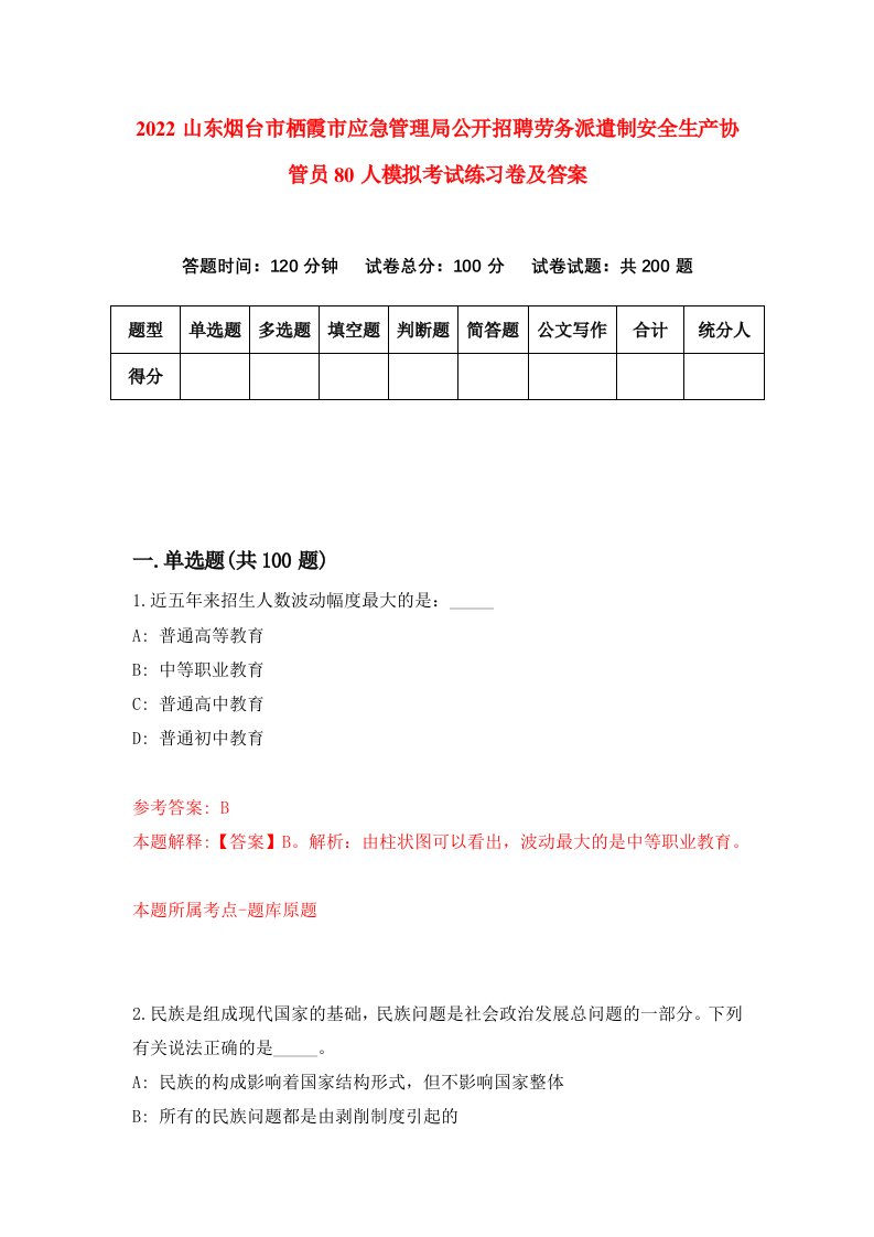 2022山东烟台市栖霞市应急管理局公开招聘劳务派遣制安全生产协管员80人模拟考试练习卷及答案第2版