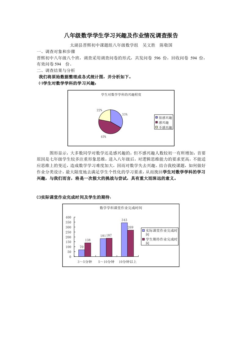 八年级数学学生学习兴趣及作业情况调查结果分析