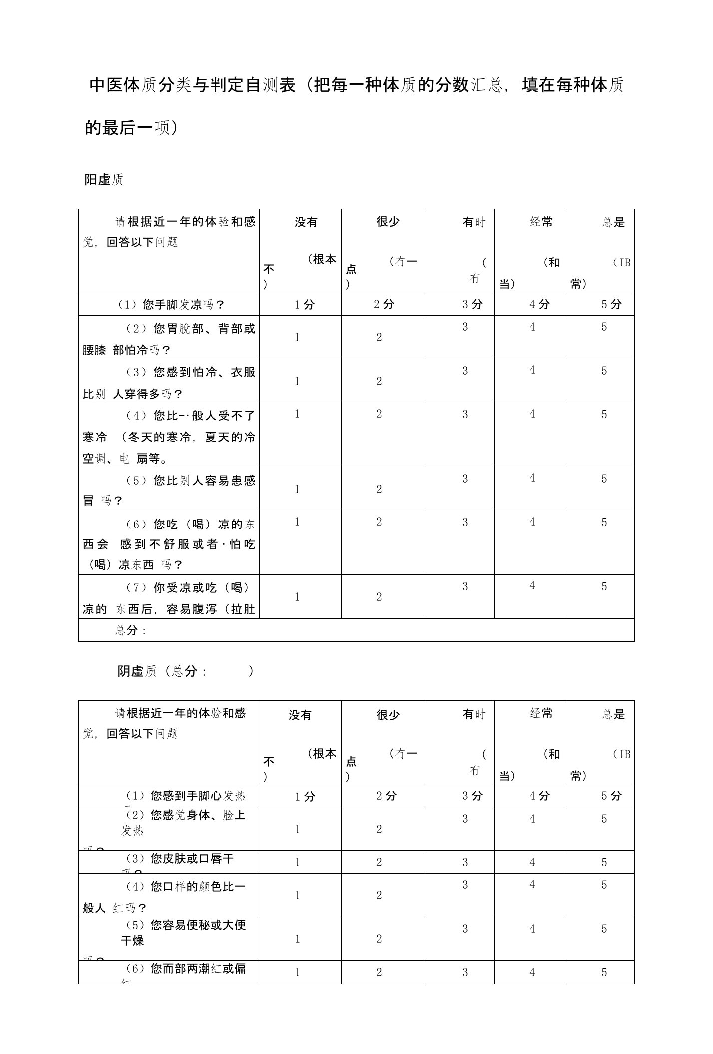 中医体质测试表格