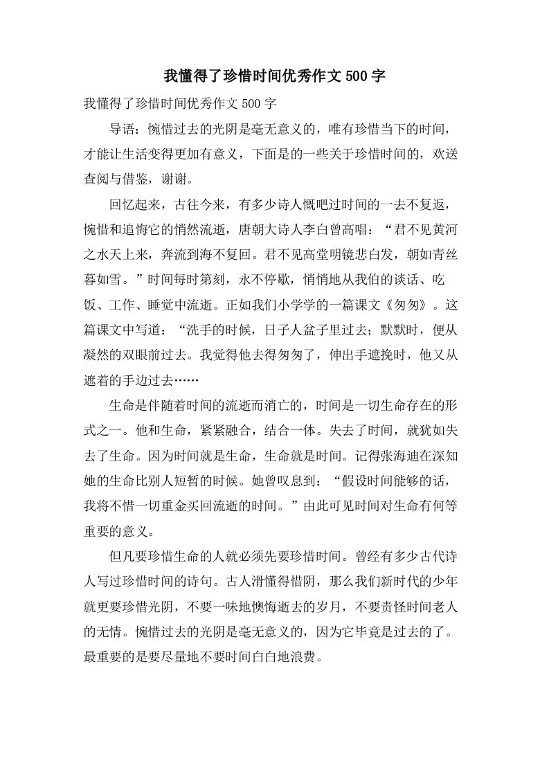 我懂得了珍惜时间作文500字