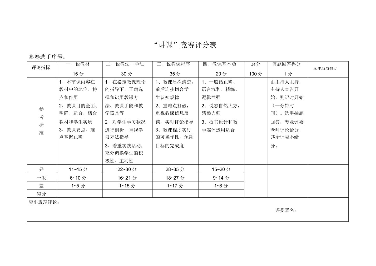 说课比赛评分标准表