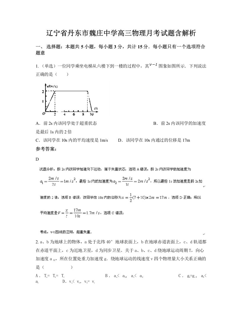 辽宁省丹东市魏庄中学高三物理月考试题含解析