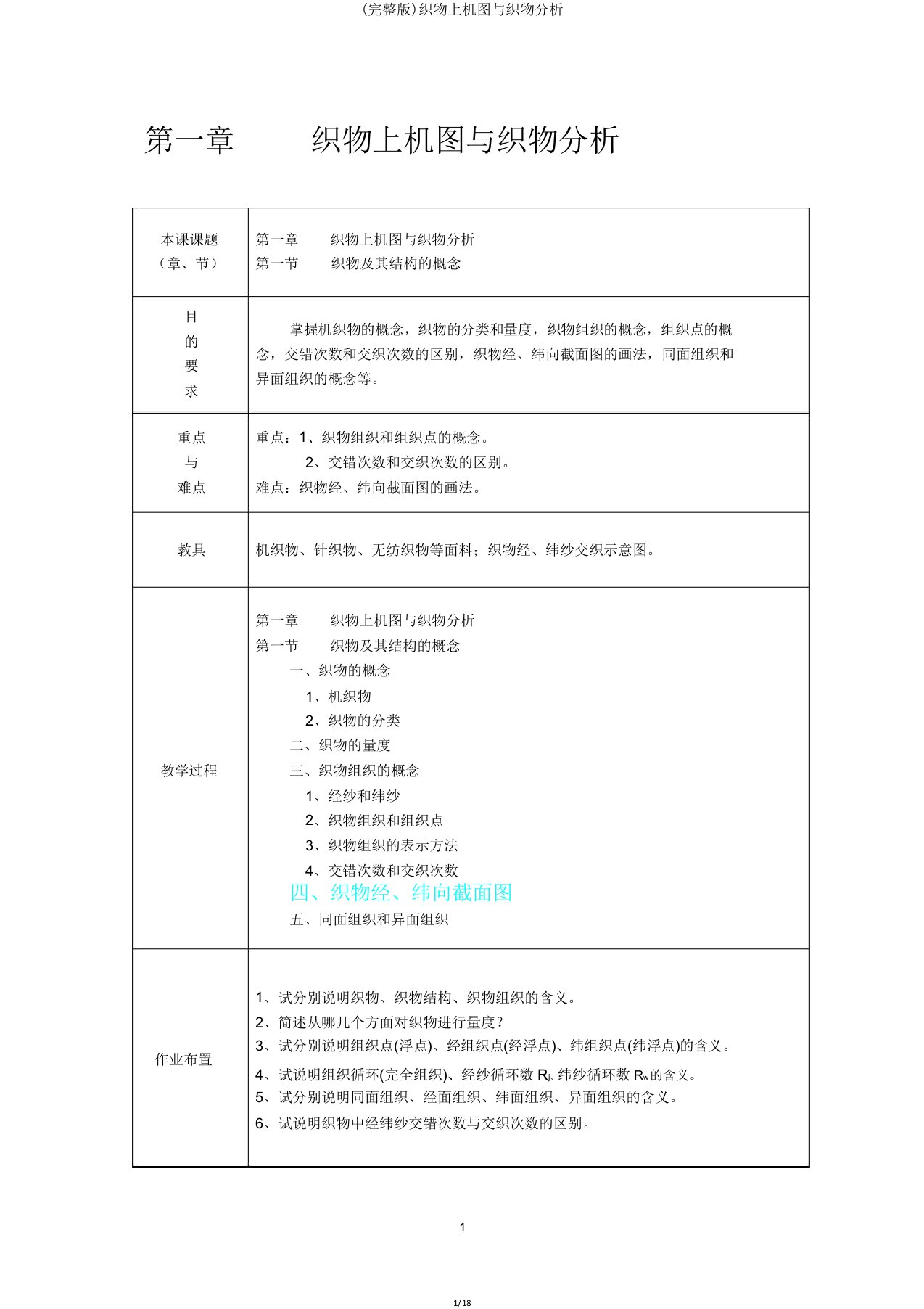 织物上机图与织物分析