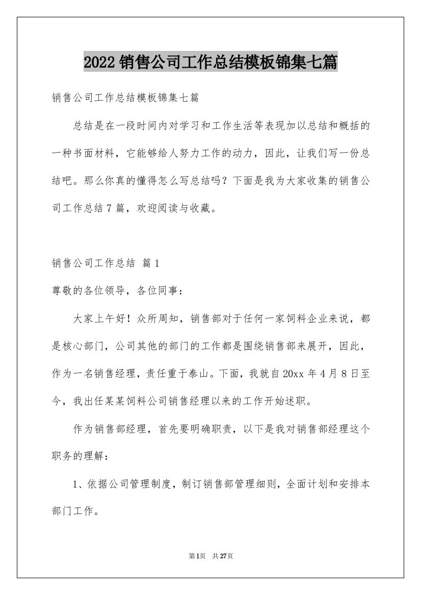 2022销售公司工作总结模板锦集七篇