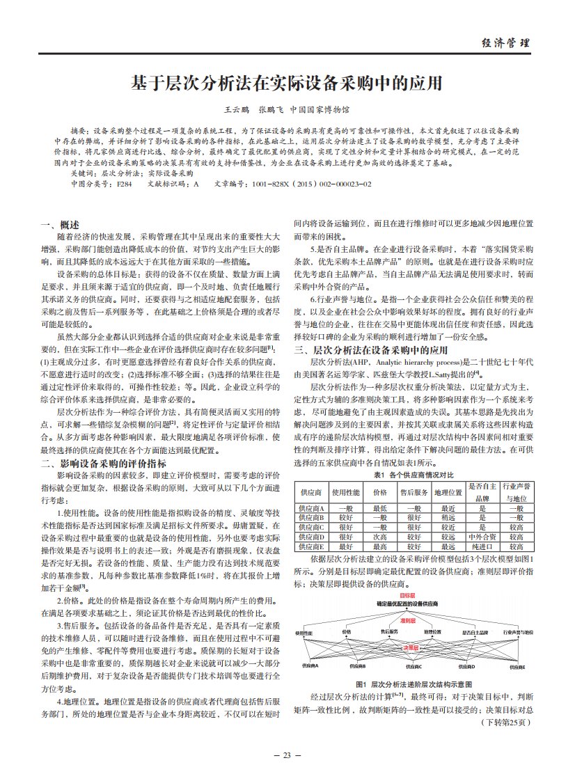 基于层次分析法在实际设备采购中的应用