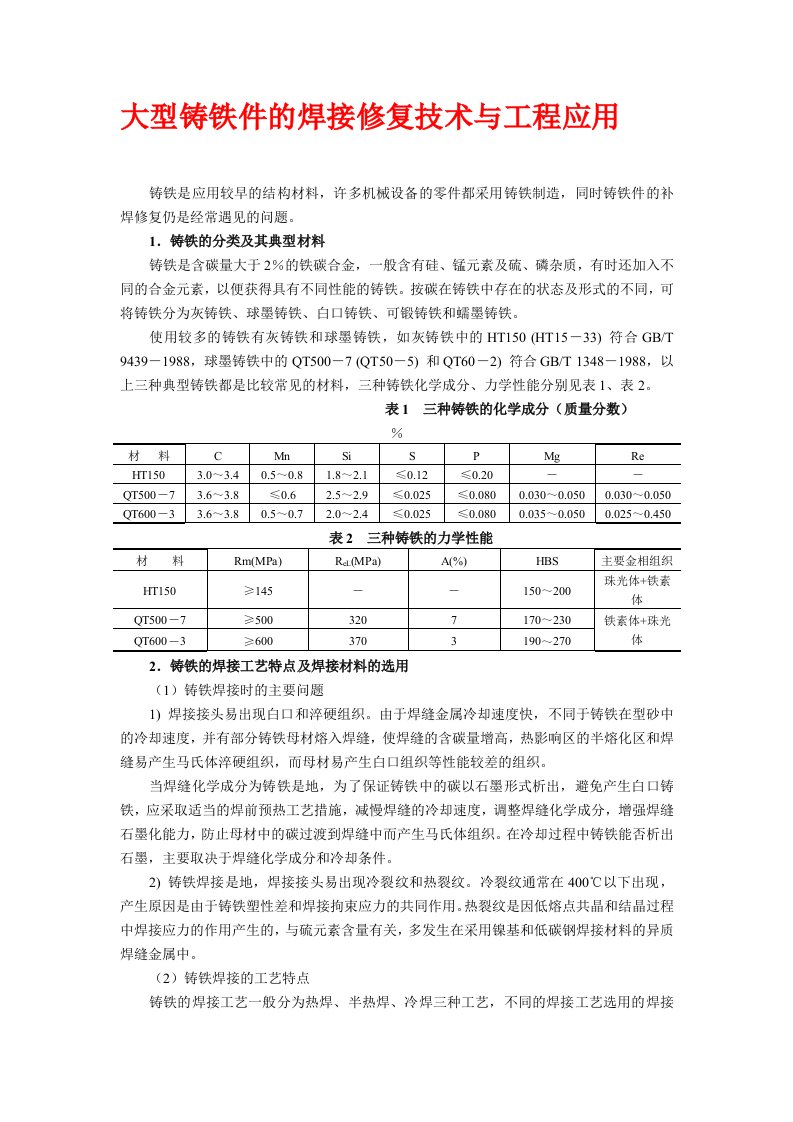 大型铸铁件的焊接修复技术与工程应用