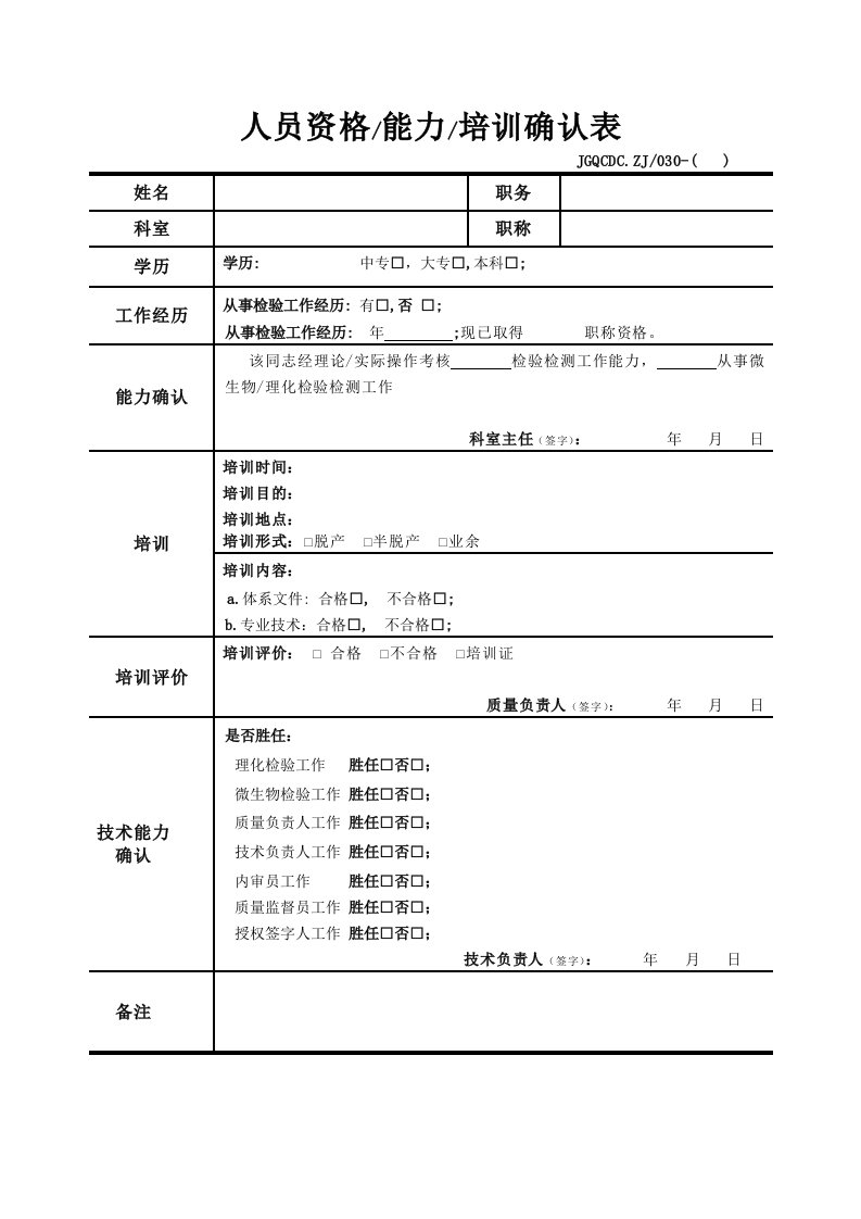 实验室人员资格能力培训确认表