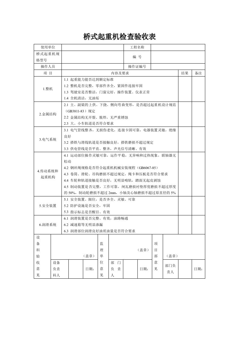 桥式起重机检查验收表