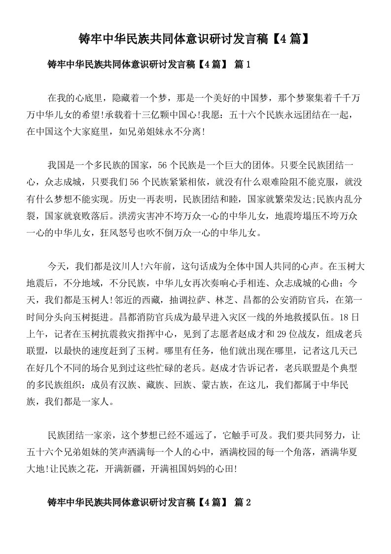 铸牢中华民族共同体意识研讨发言稿【4篇】