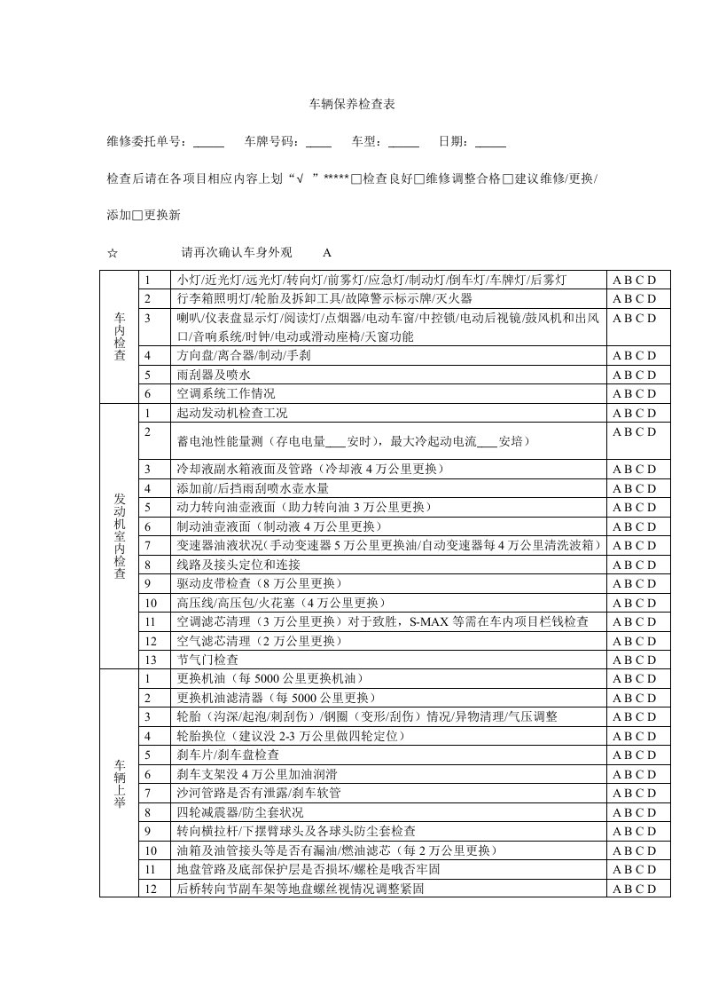 车辆保养检查表