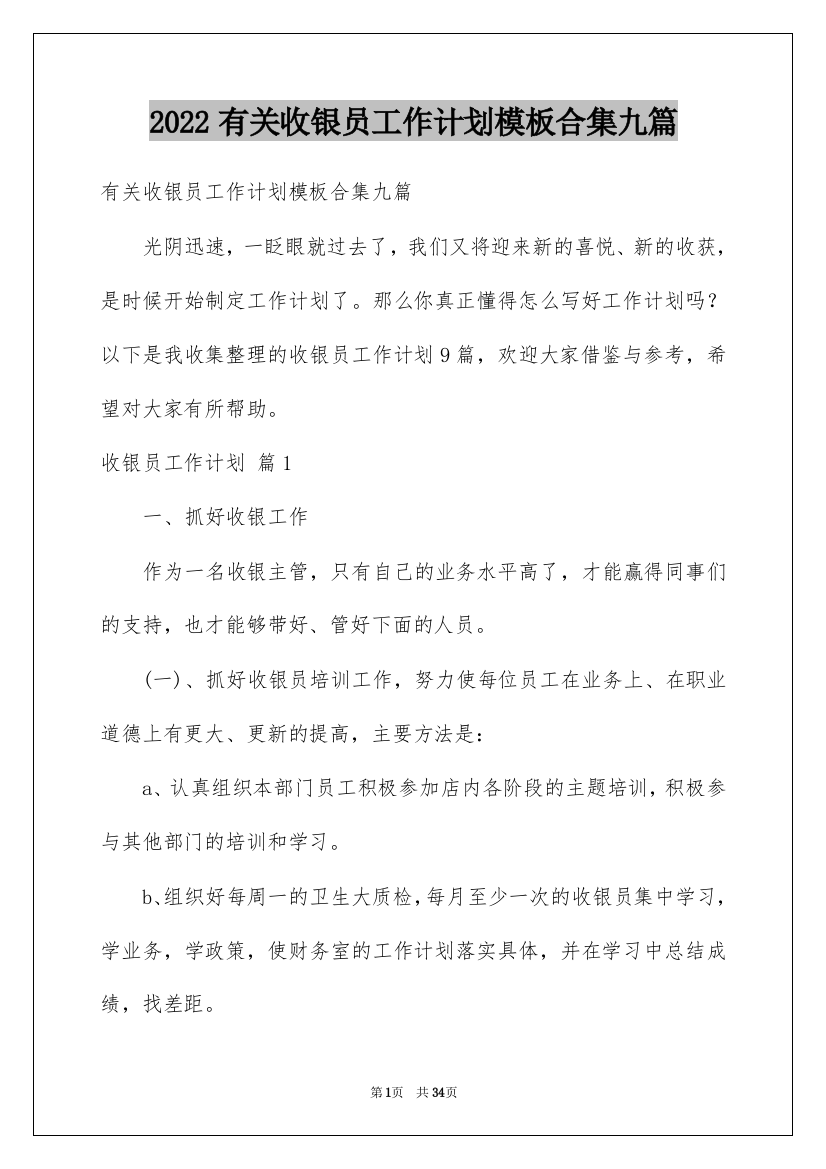 2022有关收银员工作计划模板合集九篇