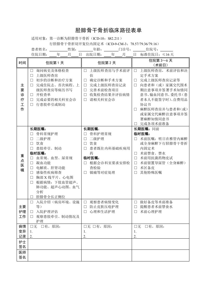 胫腓骨干骨折临床路径表单