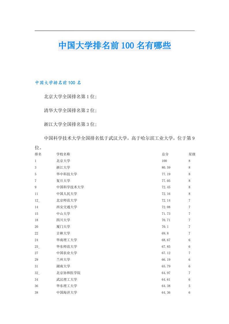 中国大学排名前100名有哪些