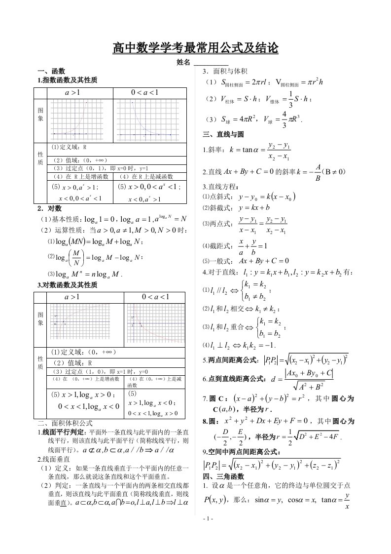 高中数学学考最常用公式及结论