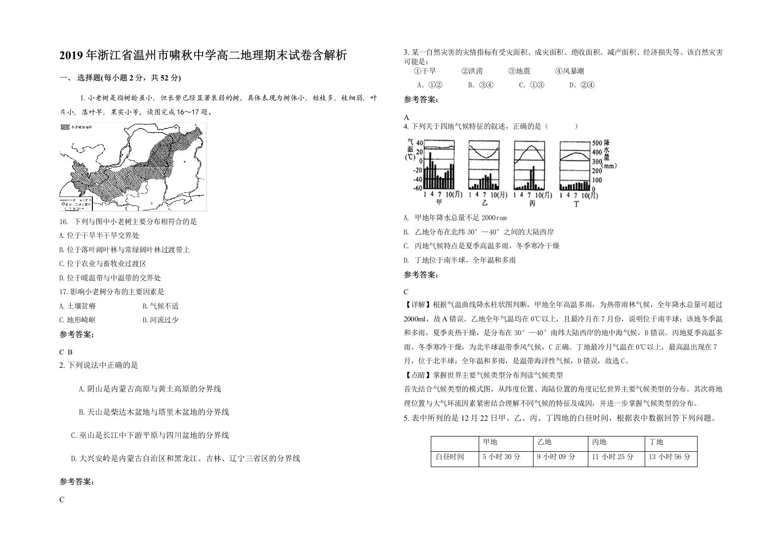 2019年浙江省温州市啸秋中学高二地理期末试卷含解析