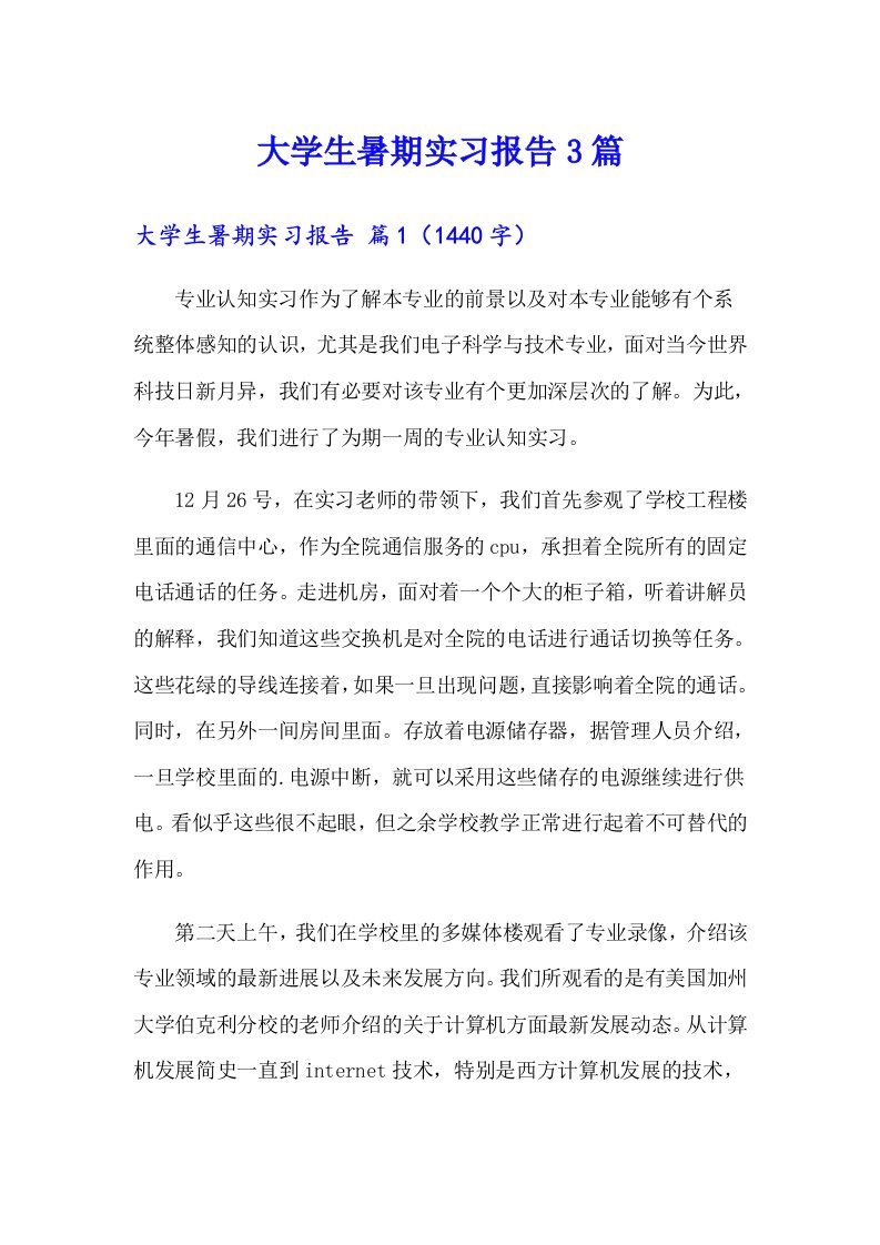 （多篇）大学生暑期实习报告3篇