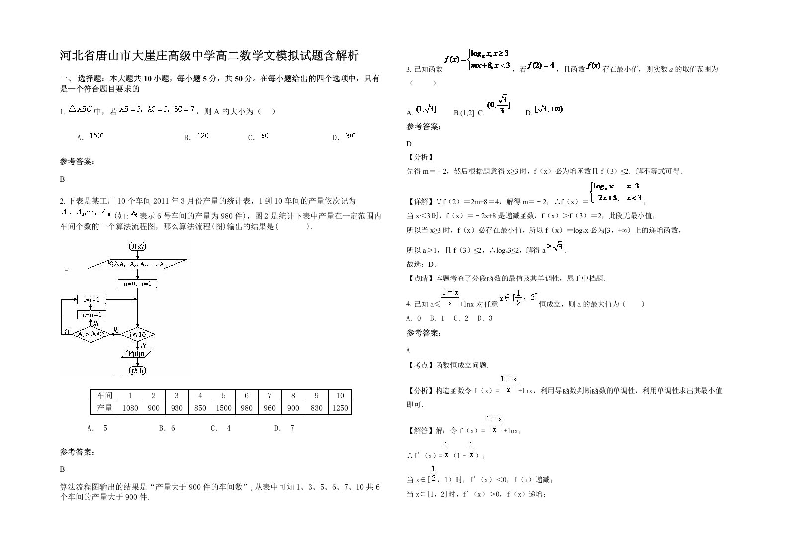 河北省唐山市大崖庄高级中学高二数学文模拟试题含解析