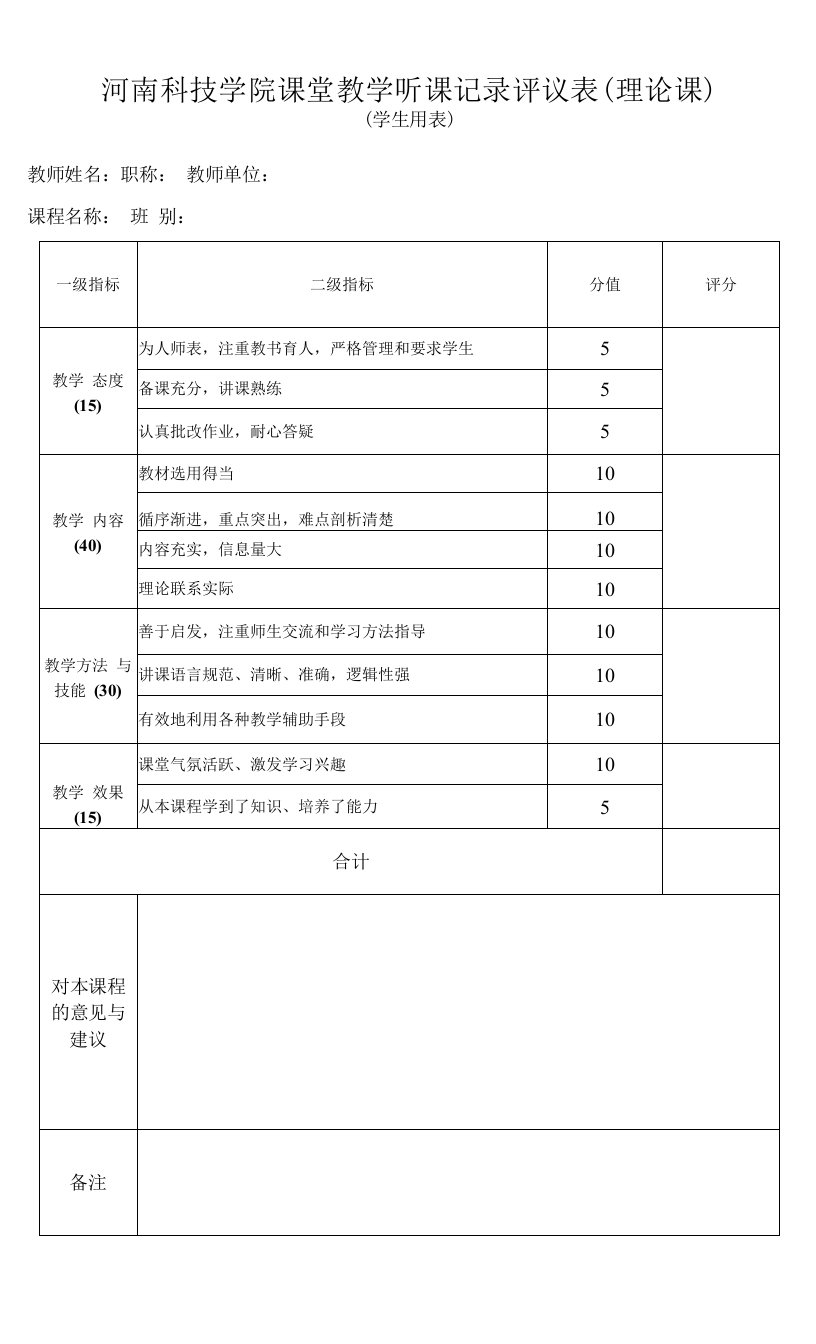 河南科技学院课堂教学听课记录评议表