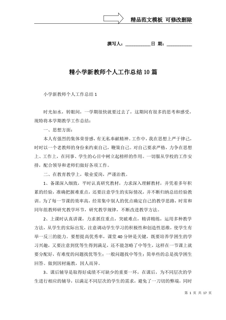 精小学新教师个人工作总结10篇