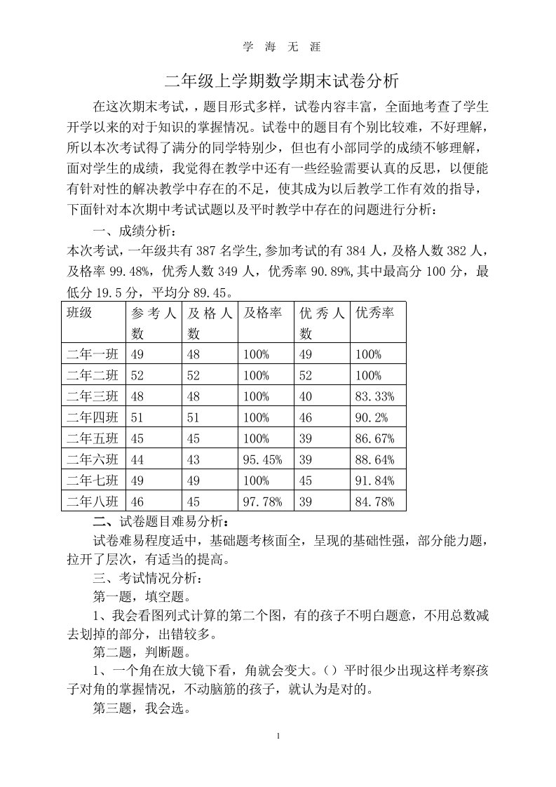 二年级数学期末试卷分析