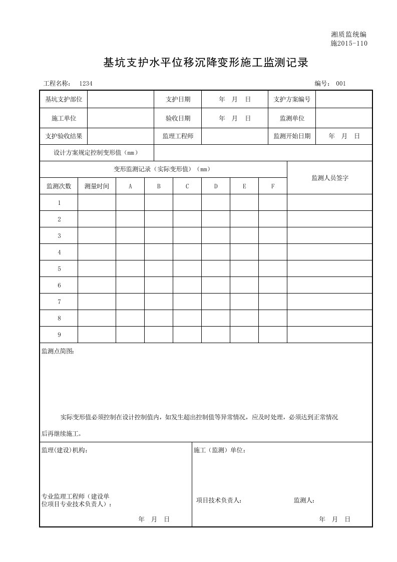 建筑工程-001施2015110基坑支护水平位移沉降变形施工监测记录