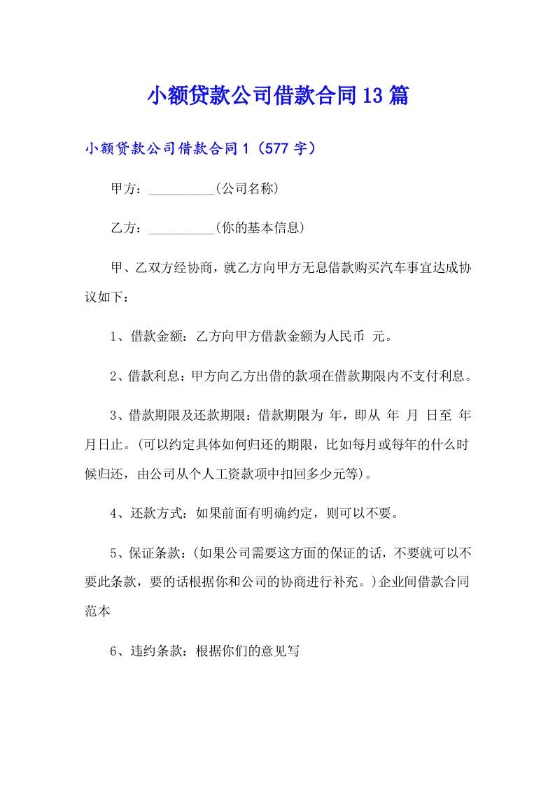 小额贷款公司借款合同13篇