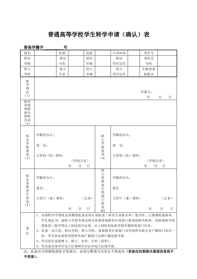 普通高等学校学生转学申请确认表