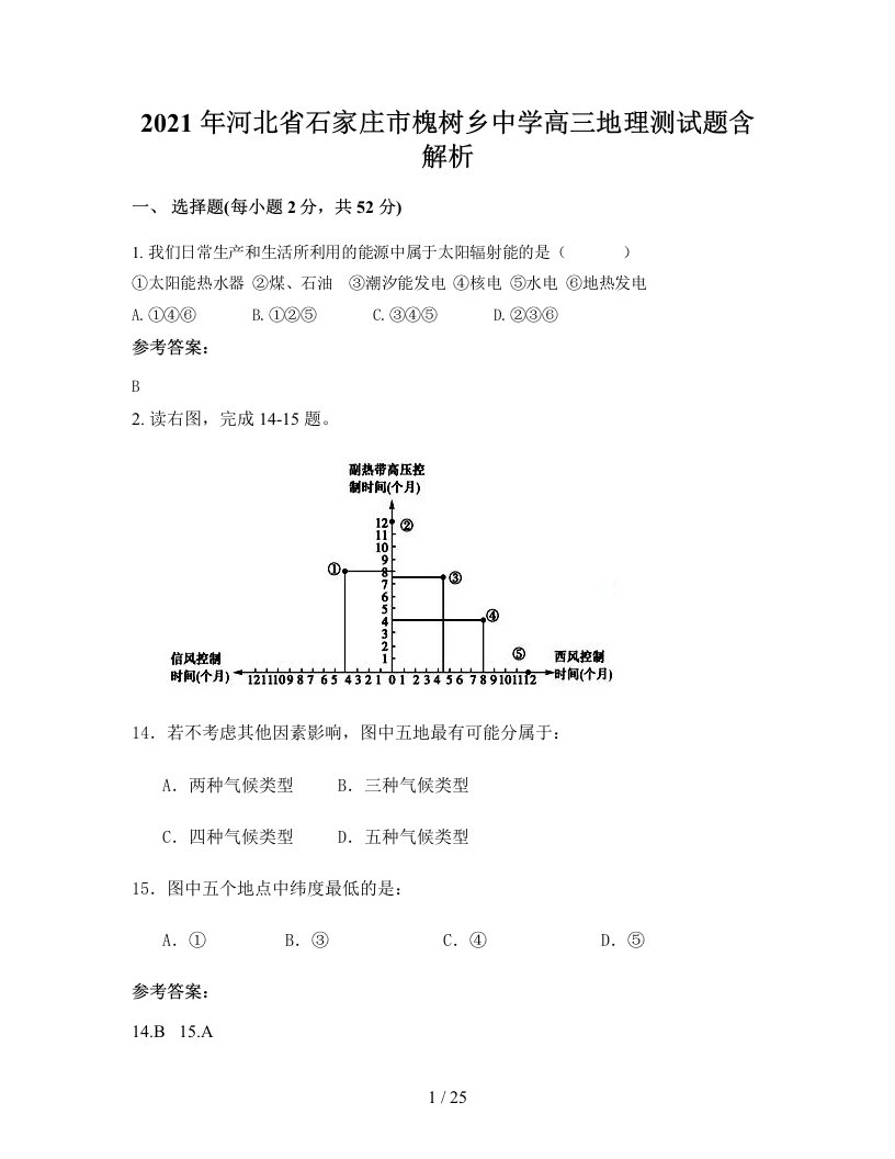 2021年河北省石家庄市槐树乡中学高三地理测试题含解析