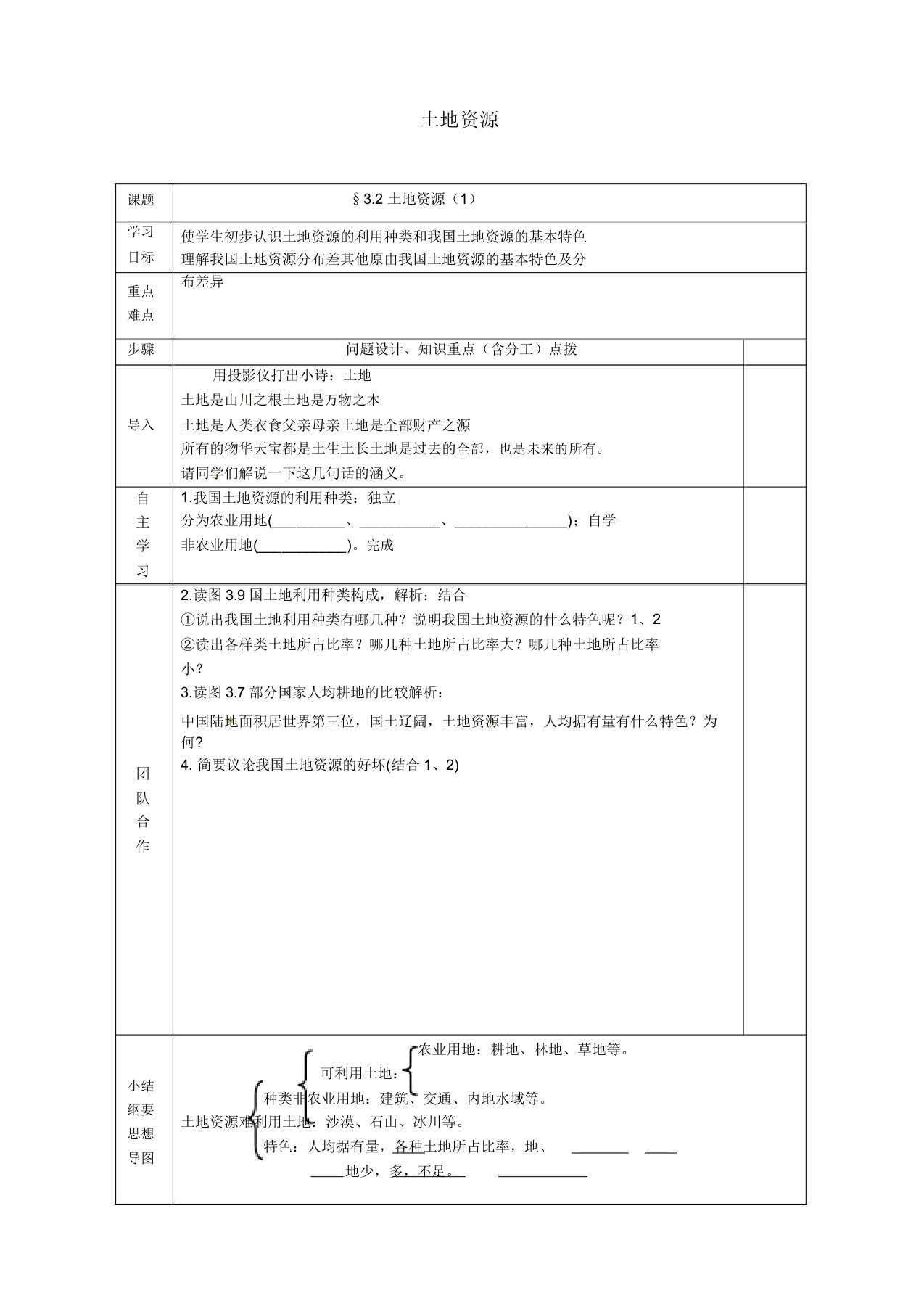 人教版八年级地理上册《第三章中国的自然资源第二节土地资源》教案7