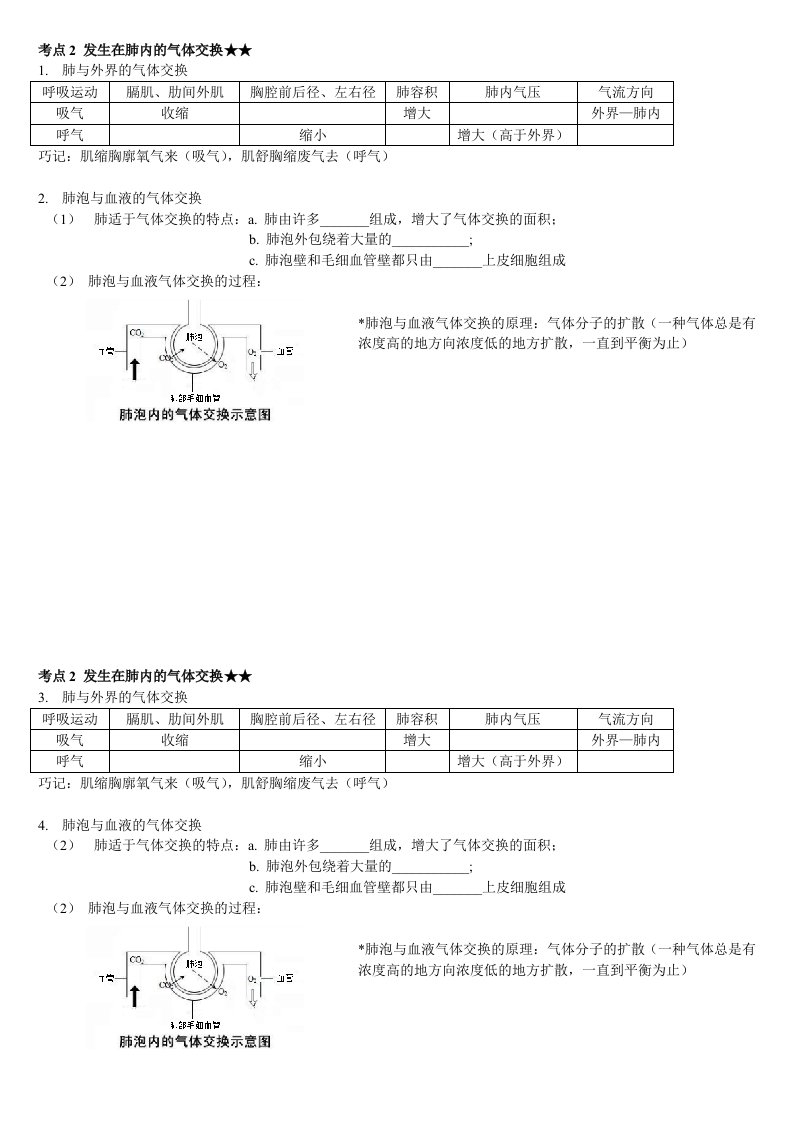 发生在肺内的气体交换知识点