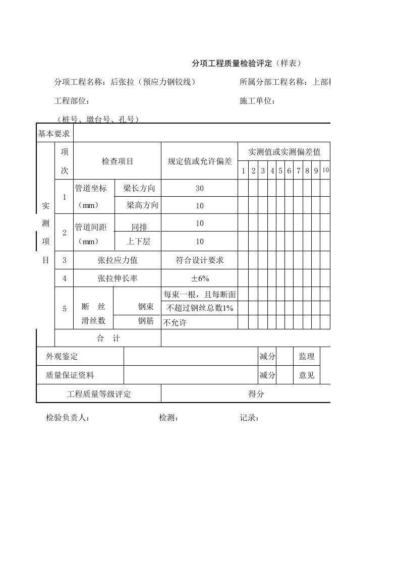 建筑工程-分项工程质量检验评定样表后张拉预应力钢铰线